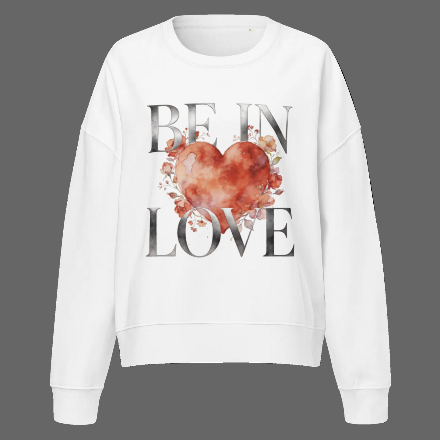 NATURMAEDEL® - NEW STYLE SILBER EDITION. SUPER BEQUEMER OVERSIZED UNISEX BIO-BAUMWOLL PULLOVER MIT EXCLUSIVEM NATURMAEDEL® CREATIV DRUCKDESIGN - AQUARELL HERZ UND ROSEN - SCHRIFTZUG BE IN LOVE -
DESIGN VERENA U. JANINA by VerJa.ME® - 1.17 - www.naturmaedel.shop -