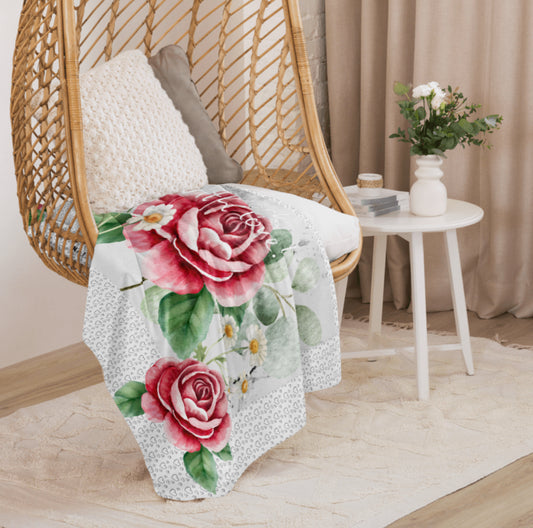NATURMAEDEL® LIMITED EDITION CREATIV DESIGN - WORK WITH LOVE - KUSCHELWEICHE SHERPA DECKE MIT EDLEM NATURMAEDEL DRUCKDESIGN - AQUARELL ROSEN DESIGN UND SILBER HERZEN - DESIGNED BY VERENA U. JANINA BOEHLER - 1.0 - www.naturmaedel.shop -