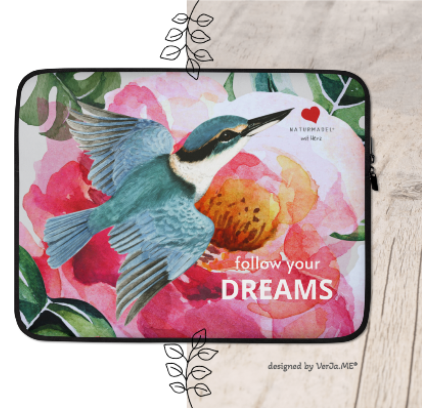 ELEGANTES STYLISCHES MACBOOK, LAPTOP SLEEVE IM EXCLUSIVEN NATURMÄDEL® DESIGN, PINK ROSE & KOLIBRI. 100% Neopren. Der optimale und zuverlässige Schutz für Unterwegs. 15“ ZOLL. - www.naturmaedel.com -