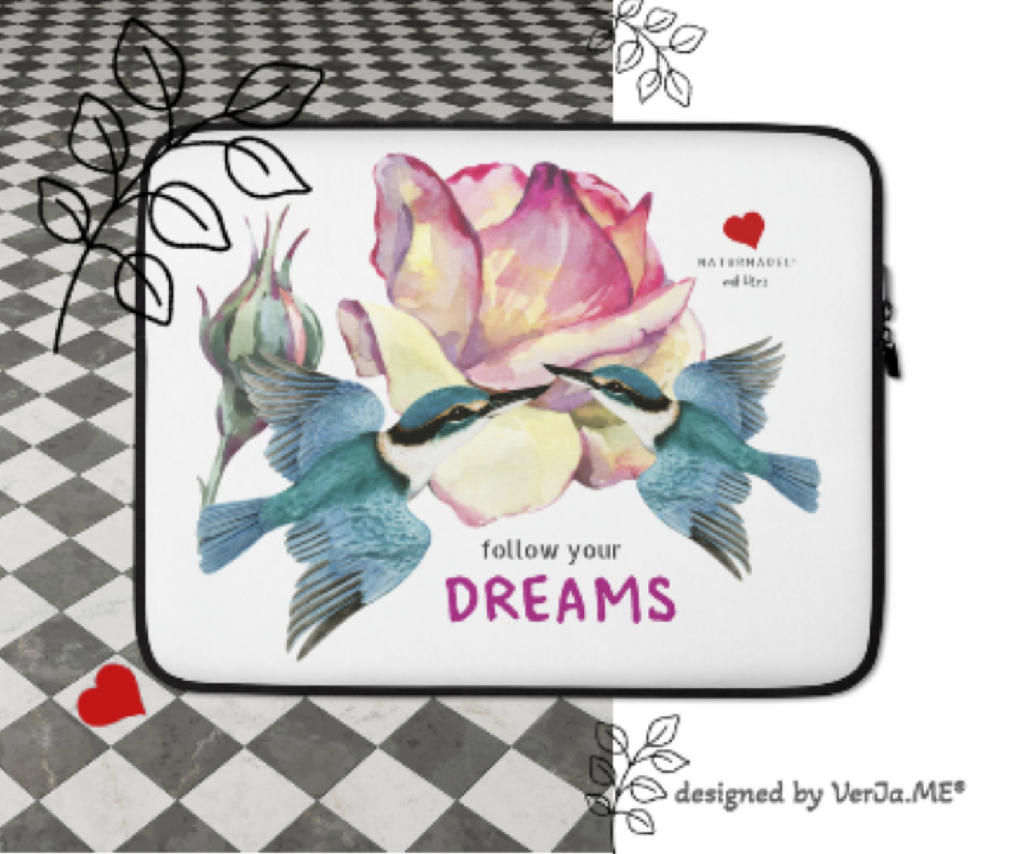ELEGANTES STYLISCHES MACBOOK, LAPTOP SLEEVE IM EXCLUSIVEN NATURMÄDEL® DESIGN, PINK ROSE & KOLIBRI. 100% Neopren. Der optimale und zuverlässige Schutz für Unterwegs. 13“ UND 15 ZOLL. www.naturmaedel.com - NATURMÄDEL® HAPPY SPRING.