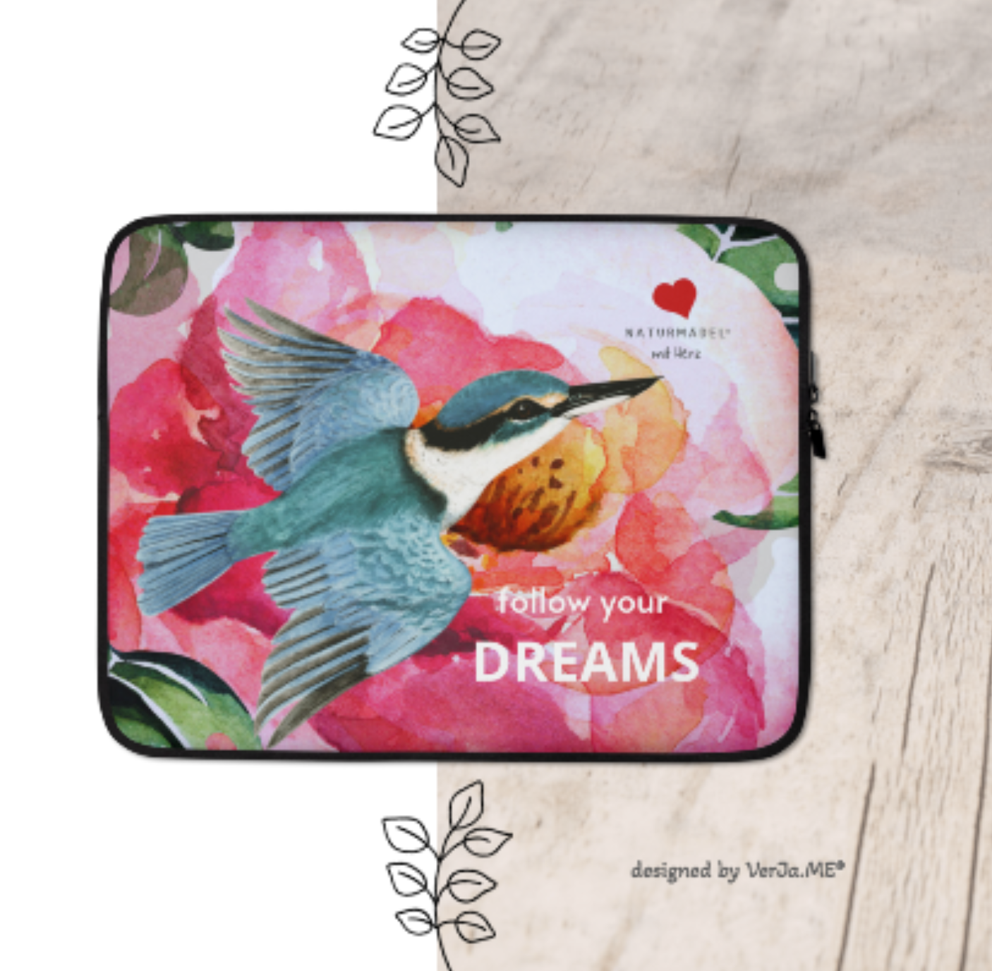 ELEGANTES STYLISCHES MACBOOK, LAPTOP SLEEVE IM EXCLUSIVEN NATURMÄDEL® DESIGN, PINK ROSE & KOLIBRI. 100% Neopren. Der optimale und zuverlässige Schutz für Unterwegs. 13“ ZOLL. - www.naturmaedel.com -