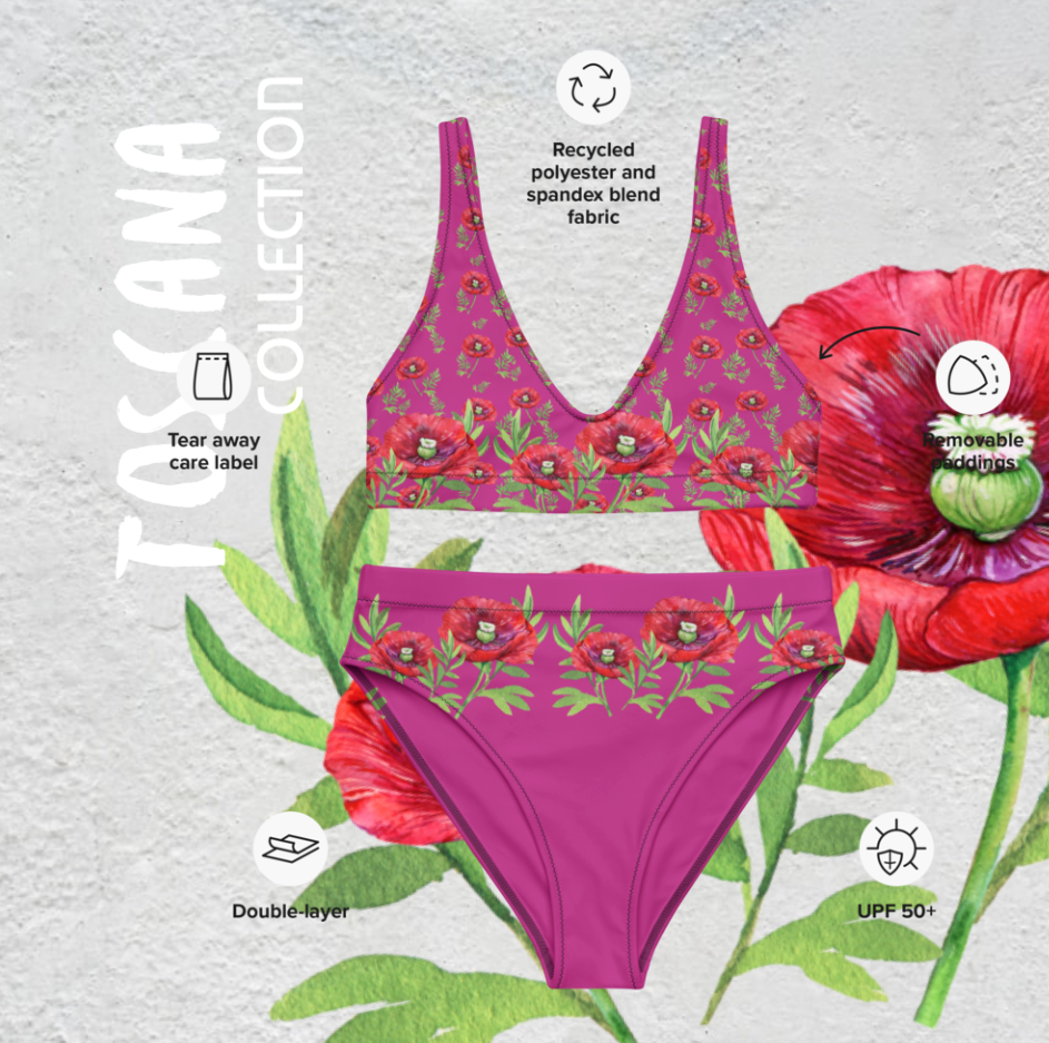 EXCLUSIVER FIGURBETONTER HIGH WAIST BIKINI - EINZIGARTIGES NATURMÄDEL® TOSCANA DESIGN MIT AQUARELL MOHNBLUMEN - www.naturmaedel.shop