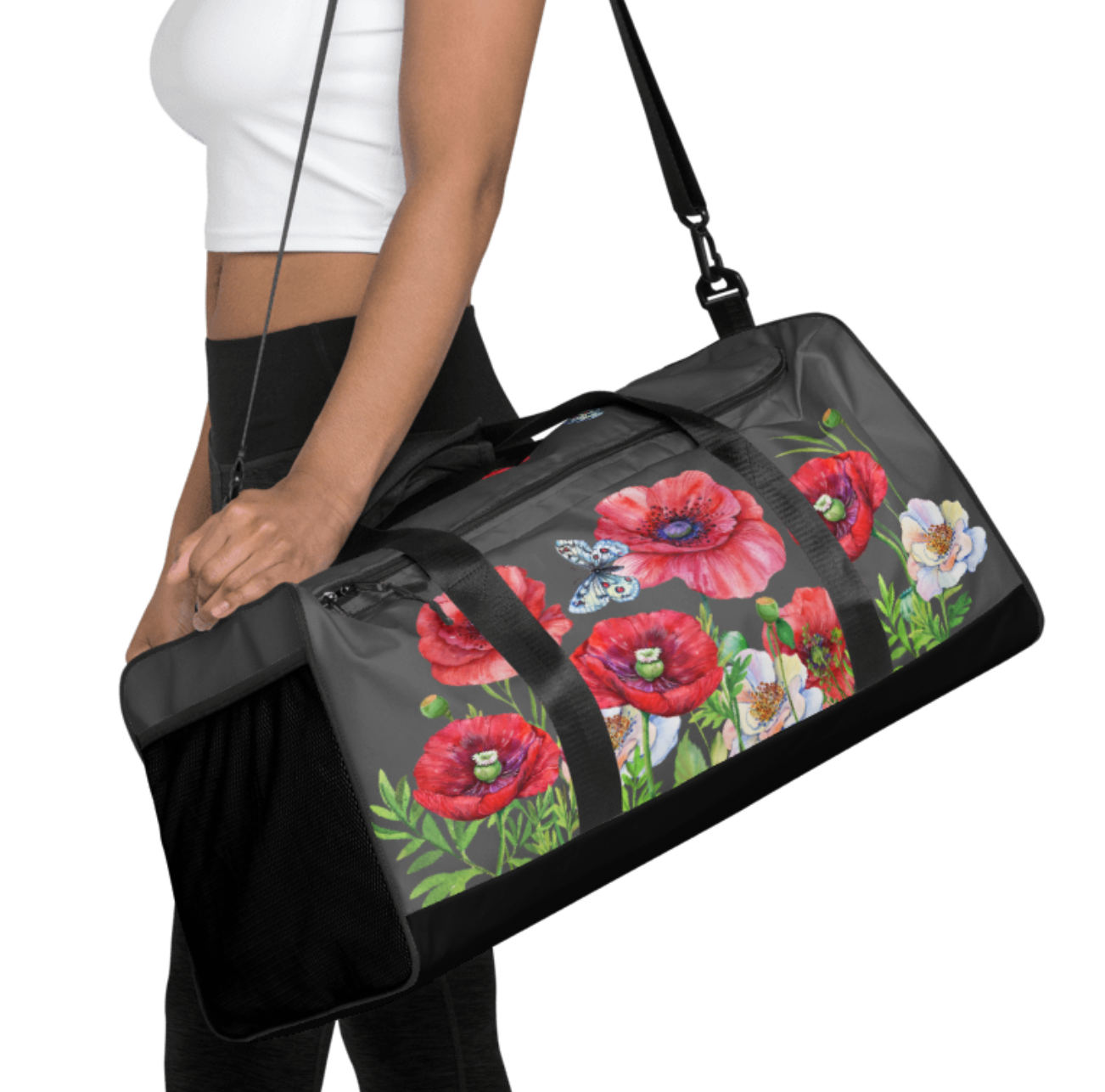 WEEKENDER - EXCLUSIVE SPORT-, BADE- U. REISETASCHE MIT EINZIGARTIGEM NATURMÄDEL® DESIGN TOSCANA AQUARELL MOHNBLUMEN UND BE HAPPY, BE YOU SCHRIFTZUG. SAMBESI GRAPHIT - www.naturmaedel.com -