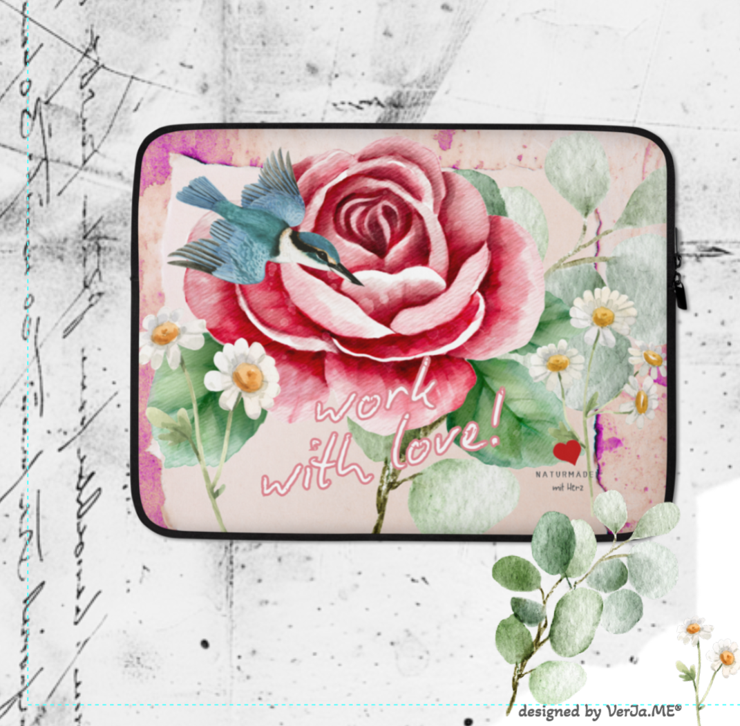 BESONDERES PURISTISCH, ELEGANTES MACBOOK, LAPTOP SLEEVE IM EXCLUSIVEN NATURMÄDEL® DESIGN, VINTAGE ROSE & KOLIBRI. Der optimale und stylische Schutz für Unterwegs. 13“ ZOLL. - designed NATURMÄDEL® by VerJa.ME® - www.naturmädel.com -