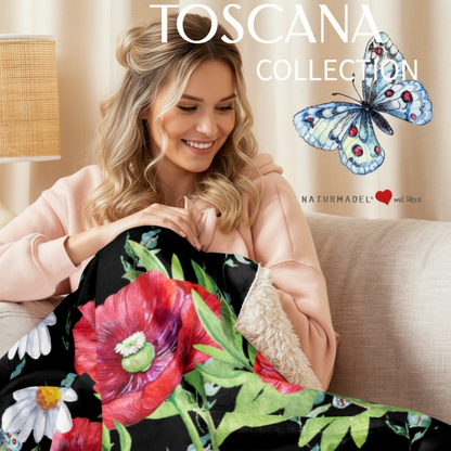 BESTSELLER - EXCLUSIVE SHERPA DECKE, MIT EINZIGARTIGEM NATURMÄDEL® TOSCANA AQUARELLBLUMEN DESIGN LIEBEVOLL BEDRUCKT. KUSCHELFAKTOR GARANTIERT. NATURMAEDEL JANINA - www.naturmaedel.shop - 