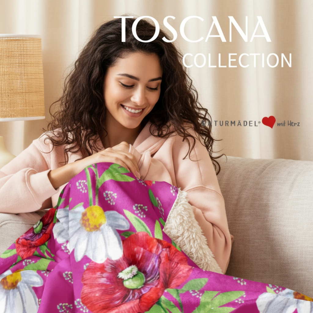 BESTSELLER - EXCLUSIVE SHERPA DECKE, MIT EINZIGARTIGEM NATURMÄDEL® TOSCANA AQUARELLBLUMEN MOHN DESIGN LIEBEVOLL BEDRUCKT. KUSCHELFAKTOR GARANTIERT  - 2- www.naturmaedel.shop -  