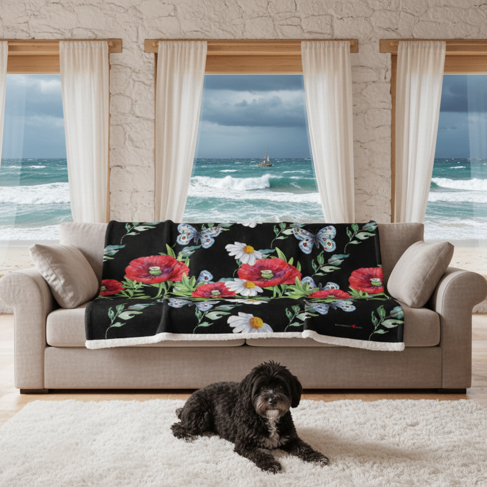 BESTSELLER - EXCLUSIVE SHERPA DECKE, MIT EINZIGARTIGEM NATURMÄDEL® TOSCANA AQUARELLBLUMEN MOHN DESIGN LIEBEVOLL BEDRUCKT. KUSCHELFAKTOR GARANTIERT - www.naturmaedel.shop -  