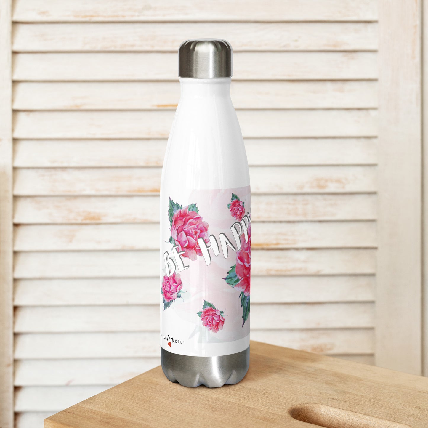 BE HAPPY BE YOU - LEBENSFREUDE PUR - STAINLESS STEEL EDELSTAHL DESIGNER TRINKFLASCHE - EXCLUSIV NATURMAEDEL®  AQUARELL ROSE IN LOVE - DESIGN VERENA U. JANINA BY VerJa.ME® - 1.3 - www.naturmaedel.shop - 