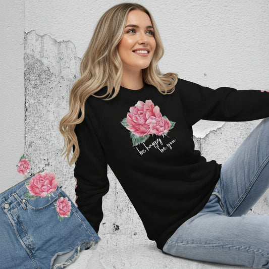 BIO BAUMWOLLE - UNISEX STYLISCHER RAGLAN PULLOVER -  EXCLUSIV NATURMÄDEL® DESIGN - AQUARELL ROSE IN LOVE - www.naturmaedel.shop - 