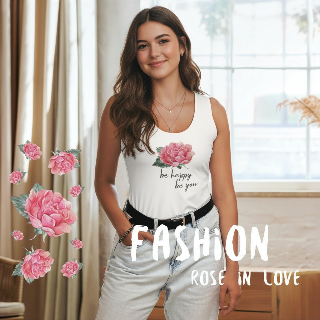 FIGURBETONTES, DESIGNER YOGA UND FITNESS TANK TOP –SUPER ELASTISCH, EXCLUSIVE FUNKTIONALITÄT UND BEQUEMLICHKEIT. DAS NATURMÄDEL® DESIGN ROSE IN LOVE, BE HAPPY BE YOU SORGEN FÜR LEBENSFREUDE PUR -  DESIGN VERENA U. JANINA by VerJa.ME® - www.naturmaedel.shop -