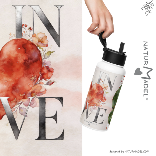 HAPPY VALENTINE NATURMAEDEL_LIMITED_EDITION_BE IN LOVE - EXCLUSIVE_DOPPELWANDIGE_STAINLESS STEEL EDELSTAHL_TRINKFLASCHE_MIT_VAKUUMISOLIERUNG - NATURMAEDEL CREATIV DESIGN AQUARELL HERZ U. ROSEN - SCHRIFTZUG SILBER - DESIGN VERENA U. JANINA BY VerJa.ME® _-_1_-_www.naturmaedel.shop -   