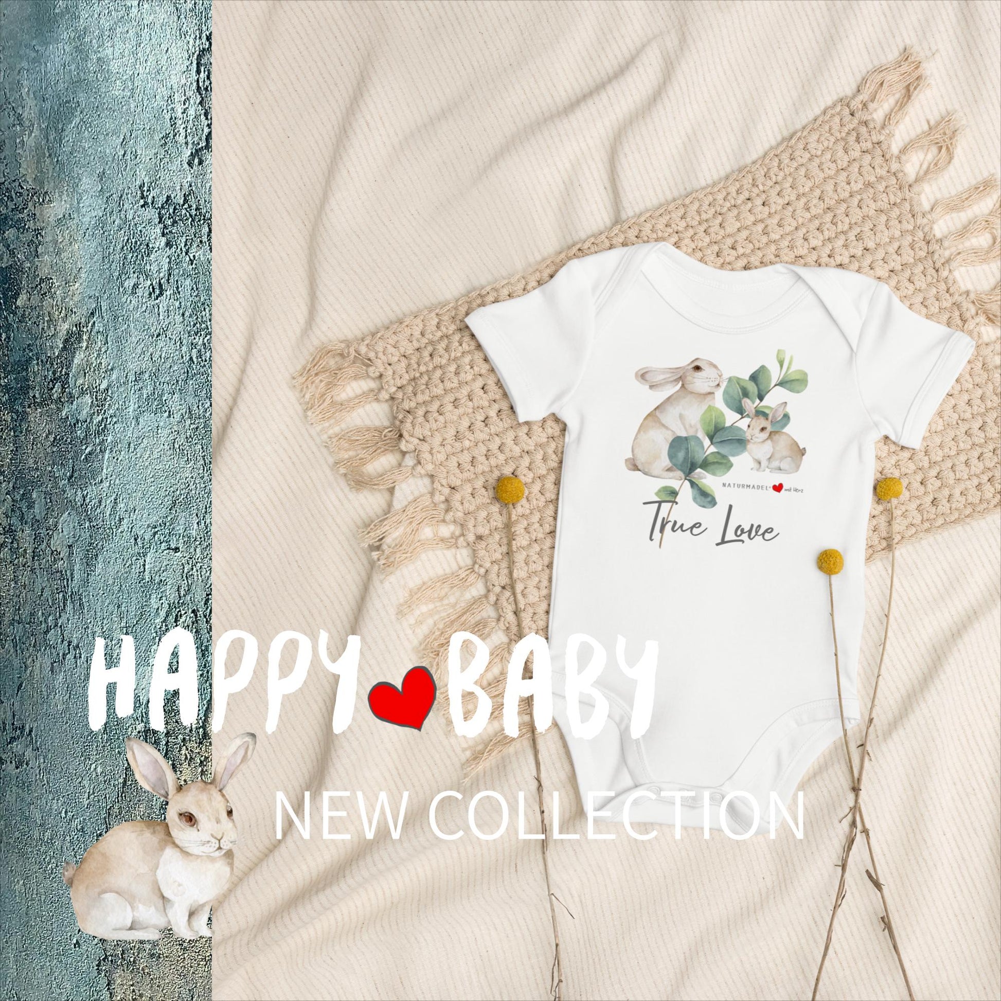 NATURMAEDEL-EXCLUSIV TIERLIEBE HAESCHEN BIO BAUMWOLLE BABYSTRAMPLER - NATURMAEDEL® AQUARELLDESIGN - LIEBEVOLLER AUFDRUCK TRUE LOVE - DESIGN BY VERENA U. JANINA - VerJa.ME - 1.0 - www.naturmaedel.shop - 
