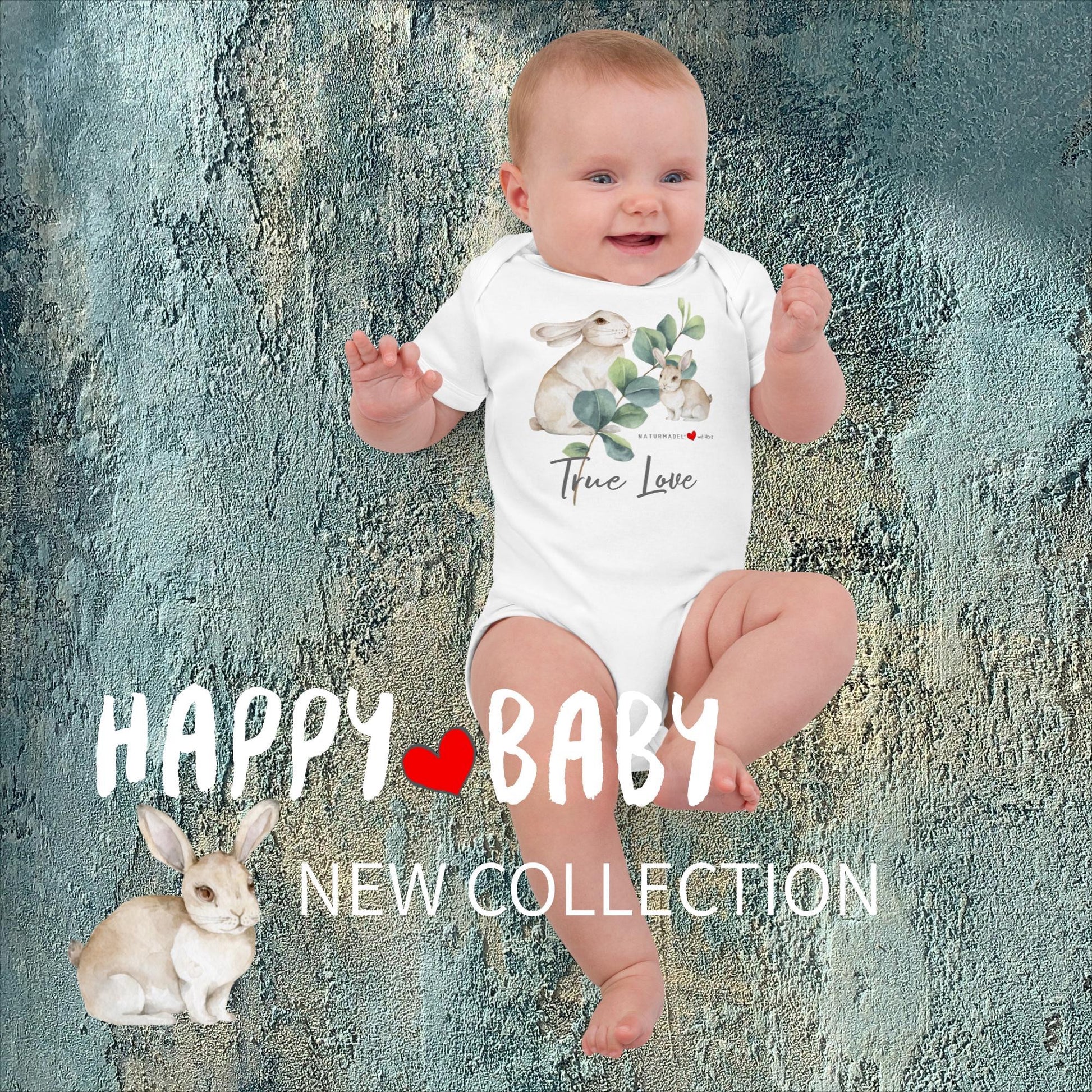 NATURMAEDEL-EXCLUSIV TIERLIEBE HAESCHEN BIO BAUMWOLLE BABYSTRAMPLER - NATURMAEDEL® AQUARELLDESIGN - LIEBEVOLLER AUFDRUCK TRUE LOVE - DESIGN BY VERENA U. JANINA - VerJa.ME - 1.1 - www.naturmaedel.shop - 