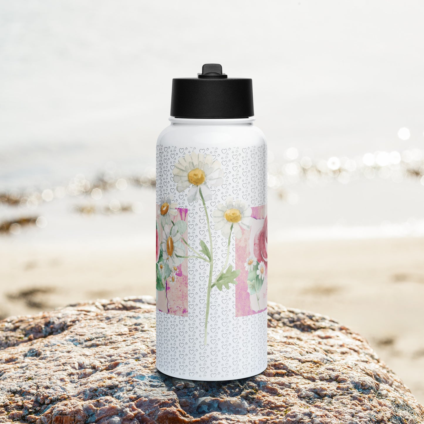NATURMAEDEL_-EDELSTAHLDRINKFLASCHE-WORK WITH LOVE- EXCLUSIV LIMITED NATURMAEDEL CREATIV DESIGN -FRONTANSICHT -AQUARELLROSE UND SILBERHERZEN-www.naturmaedel.shop - 