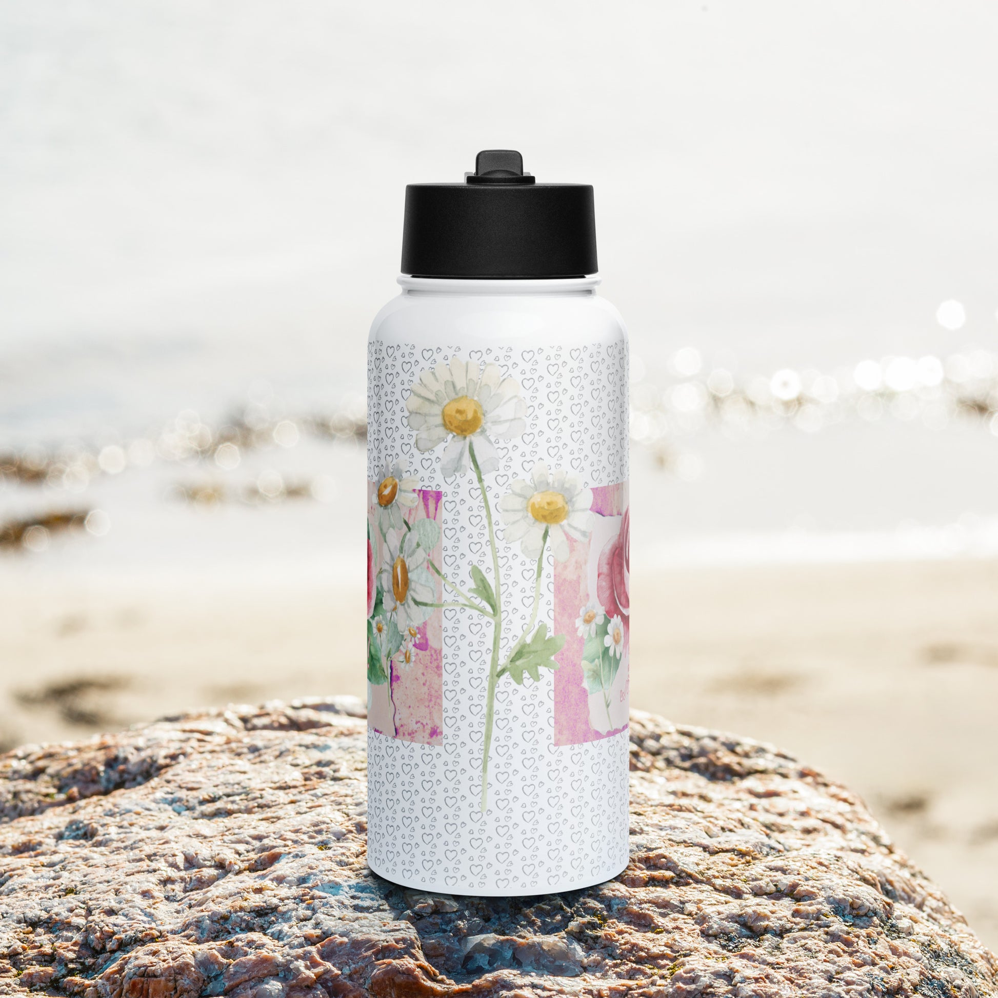 NATURMAEDEL_-EDELSTAHLDRINKFLASCHE-WORK WITH LOVE- EXCLUSIV LIMITED NATURMAEDEL CREATIV DESIGN -FRONTANSICHT -AQUARELLROSE UND SILBERHERZEN-www.naturmaedel.shop - 
