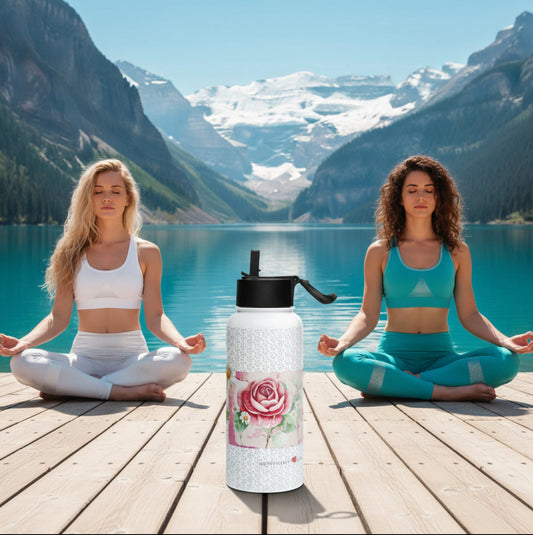 NATURMAEDEL_-EDELSTAHLDRINKFLASCHE-WORK WITH LOVE- EXCLUSIV LIMITED NATURMAEDEL CREATIV DESIGN -SEITENANSICHT -AQUARELLROSEN UND SILBERHERZEN-YOGA IN DEN BERGEN -  1.2 - www.naturmaedel.shop - 