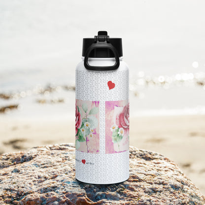 NATURMAEDEL_-EDELSTAHLDRINKFLASCHE-WORK WITH LOVE- EXCLUSIV LIMITED NATURMAEDEL CREATIV DESIGN -SEITENANSICHT -AQUARELLROSE UND SILBERHERZEN-www.naturmaedel.shop - 