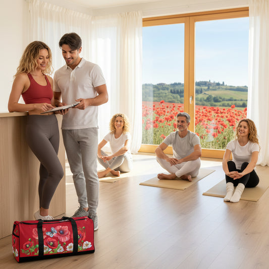 NATURMAEDEL® - EDLES TOSCANA AQUARELLBLUMEN DESIGN - FARBE ROT - WEEKENDER - SPORT- U. REISETASCHE - YOGASTUDIO IN DER TOSCANA - DESIGN VERENA U. JANINA BY VerJa.ME® -  1.1 - www.naturmaedel.shop -   