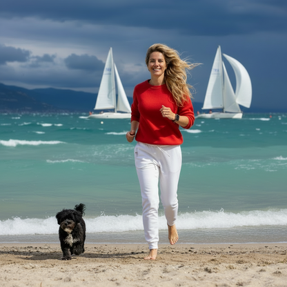 NATURMAEDEL CLASSIC BASIC - EXCLUSIVE HIGHTECH DAMEN JOGGINGHOSE IM LOUNGEWEAR LOOK. ATMUNGSAKTIV, ELASTISCH, FIGURBETONT. FARBE WEISS - RECHTE SEITE - EXCLUSIV NATURMAEDEL® LOGO DRUCK  - DESIGN VERENA U. JANINA by VerJa.ME - ITALIEN - SPORT LOUNGEWEAR-  1.0  - www.naturmaedel.shop -  