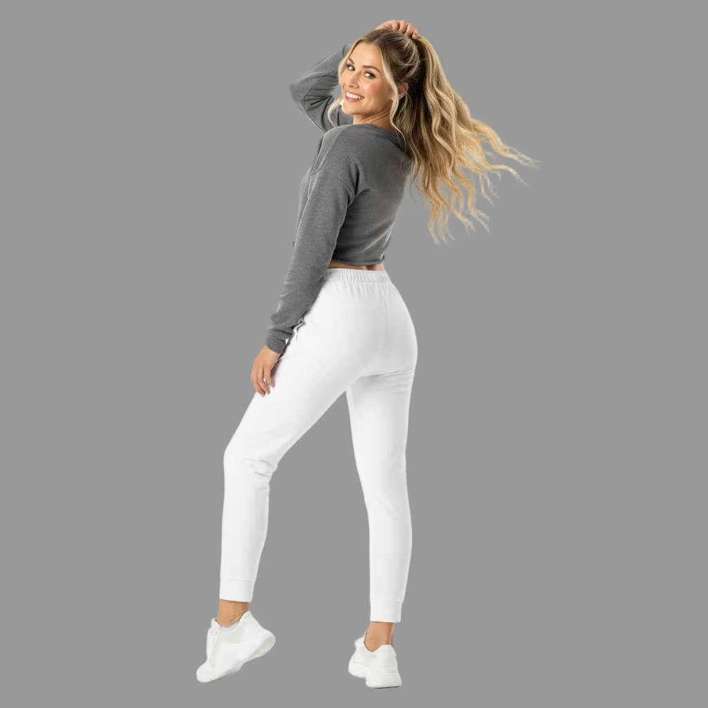 NATURMAEDEL CLASSIC BASIC - EXCLUSIVE HIGHTECH DAMEN JOGGINGHOSE IM LOUNGEWEAR LOOK. ATMUNGSAKTIV, ELASTISCH, FIGURBETONT. FARBE WEISS - RECHTE SEITE - EXCLUSIV NATURMAEDEL® LOGO DRUCK  - DESIGN VERENA U. JANINA by VerJa.ME - FREIZEIT LOUNGEWEAR  1.9  - www.naturmaedel.shop - 