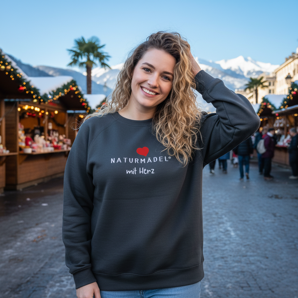 NATURMAEDEL CLASSIC BASIC - PREMIUM BIO BAUMWOLL PULLOVER - LANG ARM  FARBE SCHWARZ - EXCLUSIVES NATURMAEDEL MIT HERZ LOGO DESIGN - FARBE ANTRAZIT MELANGE -  NATURMAAEDEL MAIA - www.naturmaedel.shop   