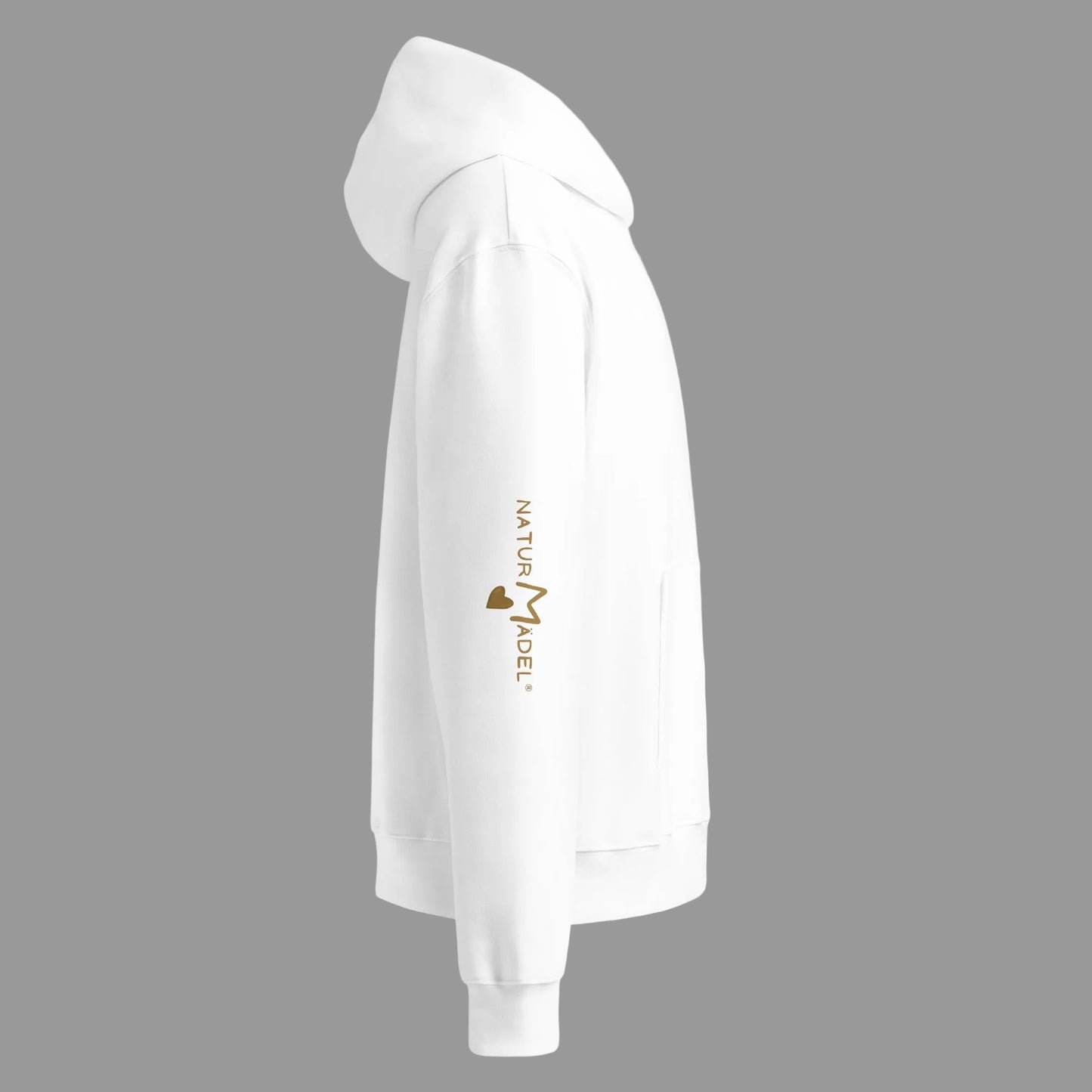 NATURMAEDEL® CLASSIC BASIC - UNISEX OVERSIZED HEAVXWEIGHT HOODIE - FARBE WEISS - PREMIUM LOUNGEWEAR - BAUMWOLLE - ATMUNGSAKTIV - NATURMAEDEL® EXCLUSIV LOGO RECHTER AERMEL - GOLDDRUCK - DESIGNED VERENA U. JANINA by VerJa.ME® - 1.2 - www.naturmaedel.shop - 