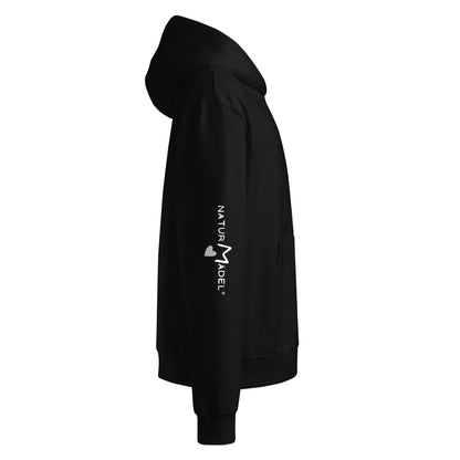 NATURMAEDEL® - UNISEX OVERSIZED HEAVXWEIGHT HOODIE - FARBE BLACK- RECHTE SEITE  - SUPER WEICH, SUPER BEQUEM - RINGGESPONNENE BAUMWOLLE - ATMUNGSAKTIV - NATURMÄDEL® EXCLUSIV LOGO RECHTER ÄRMEL - DESIGNED VERENA by VerJa.ME® - CLASSIC BASIC - www.naturmaedel.shop - 