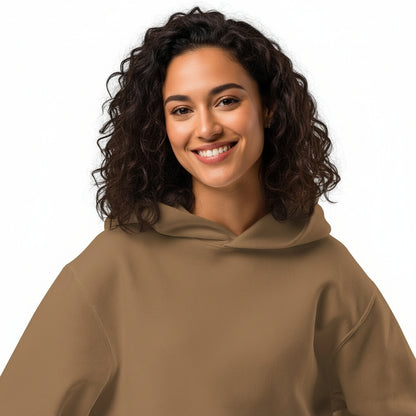 NATURMAEDEL® - UNISEX OVERSIZED HEAVXWEIGHT HOODIE - FARBE VINTAGE BROWN- FRONT  - SUPER WEICH, SUPER BEQUEM - RINGGESPONNENE BAUMWOLLE - ATMUNGSAKTIV - NATURMÄDEL® EXCLUSIV LOGO RECHTER ÄRMEL - DESIGNED VERENA by VerJa.ME® - CLASSIC BASIC - GARDASEE HERBST - www.naturmaedel.shop - 