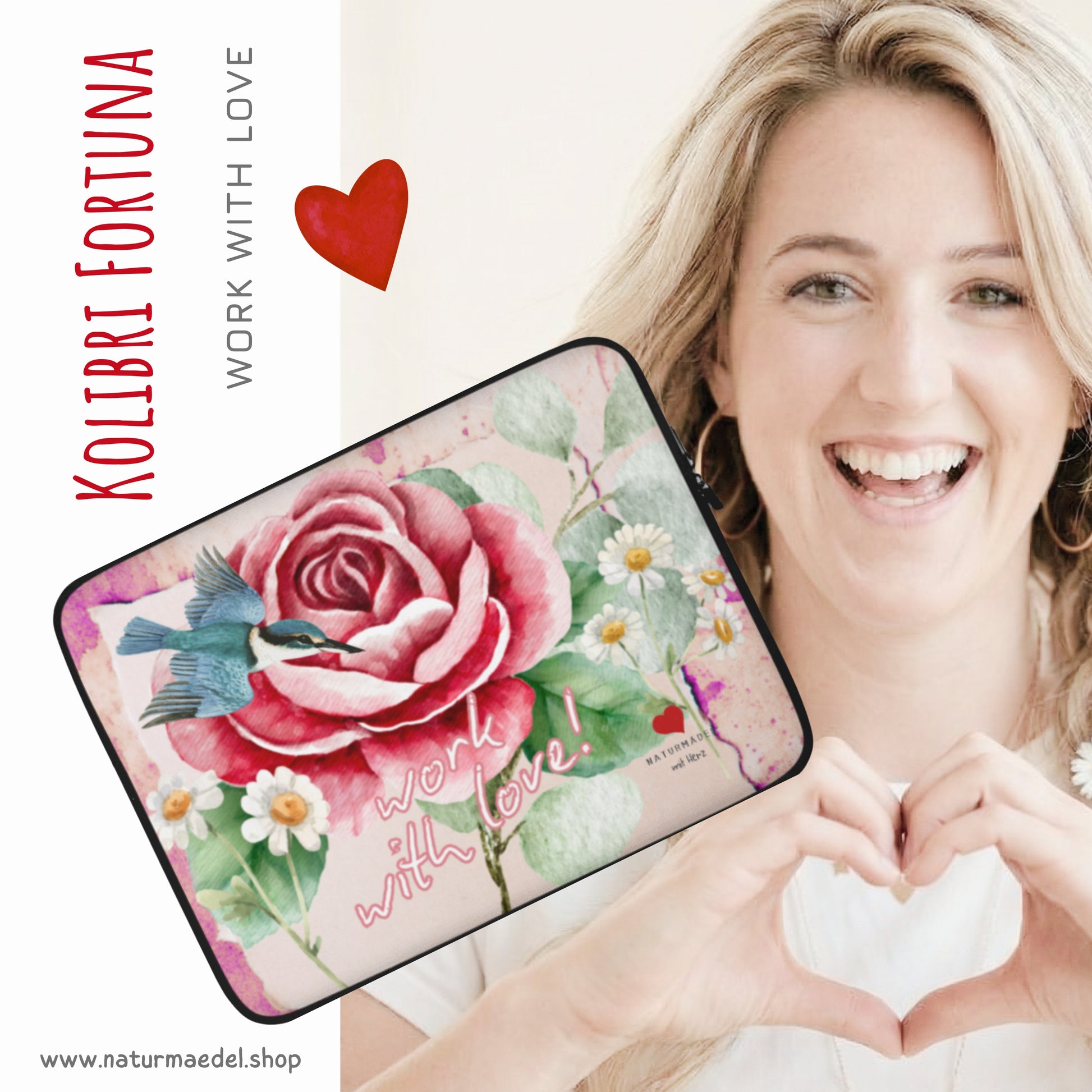 EDLES, PURISTISCH, ELEGANTES MACBOOK, LAPTOP SLEEVE IM EXCLUSIVEN NATURMÄDEL® DESIGN WORK WITH LOVE -  VINTAGE ROSE & KOLIBRI - Der optimale und stylische Schutz für Unterwegs - GRÖSSEN 13“ UND 15“ ZOLL - Janina - designed NATURMÄDEL® by VerJa.ME® - 1.15 - www.naturmädel.shop - 