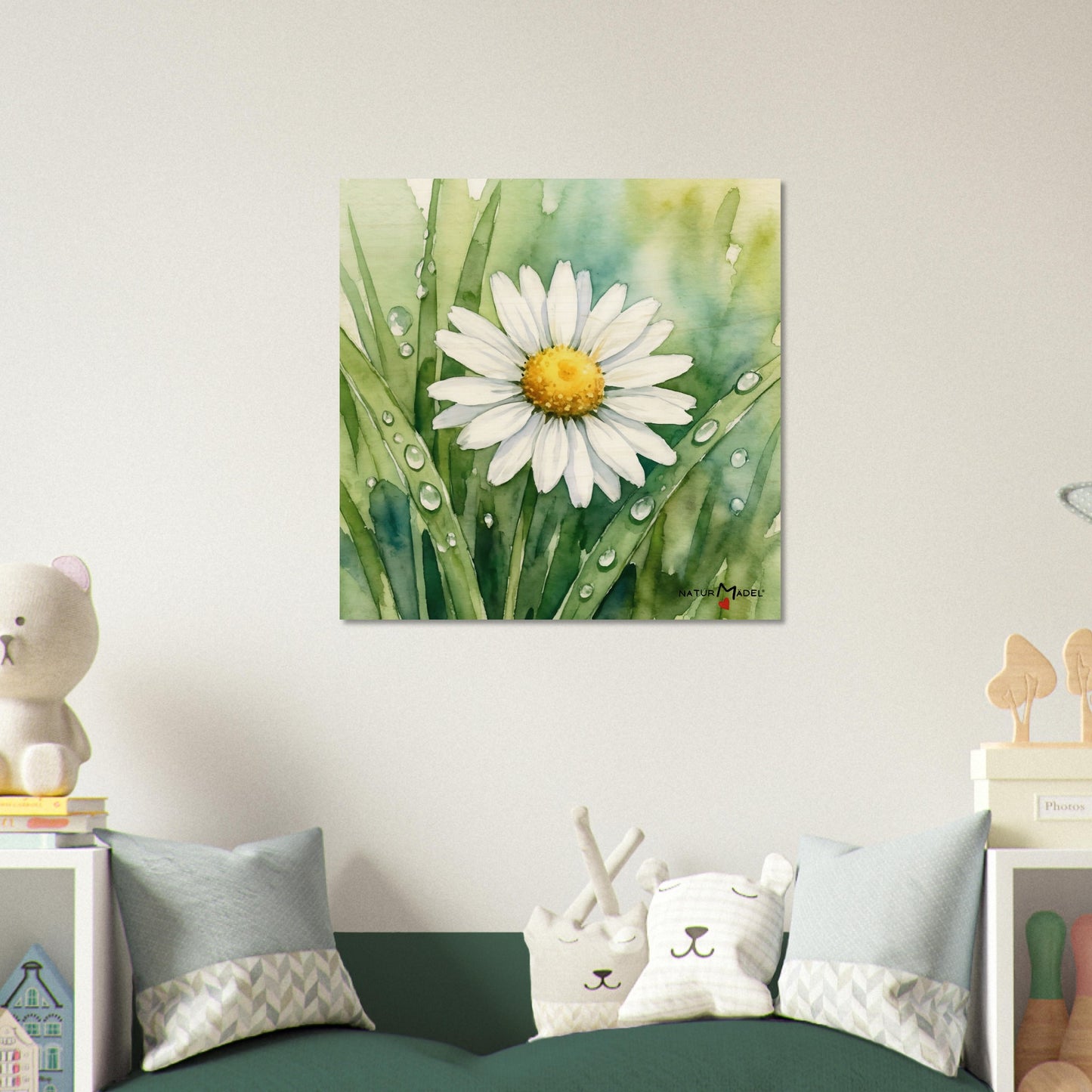 NATURMAEDEL CREATIV DESIGN - WANDBILD AUF EDLEM BIRKENHOLZ - AQUARELL „GAENSEBLUEMCHEN“  aus „Wo ist Milli?“ - HERZENSGESCHENKE - KINDERZIMMER - Designed by Verena u. Janina Boehler, VerJa.ME - 1.2- www.naturmaedel.shop - 
