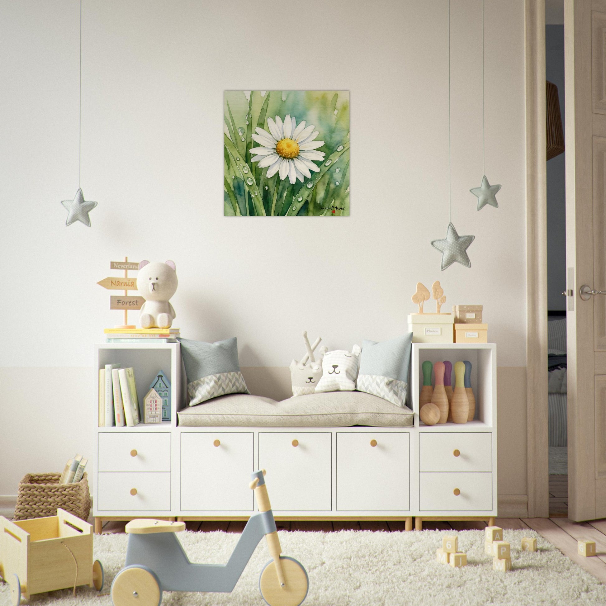 NATURMAEDEL CREATIV DESIGN - WANDBILD AUF EDLEM BIRKENHOLZ - AQUARELL „GAENSEBLUEMCHEN“  aus „Wo ist Milli?“ - HERZENSGESCHENKE - KINDERZIMMER - Designed by Verena u. Janina Boehler, VerJa.ME - 1.3- www.naturmaedel.shop - 