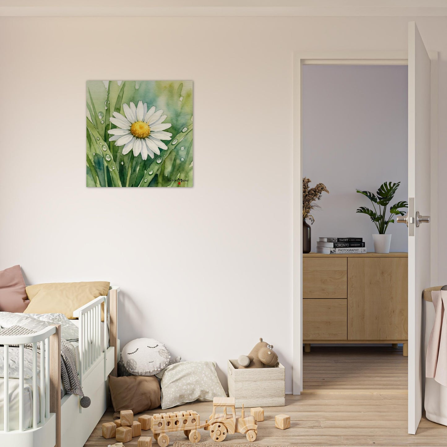 NATURMAEDEL CREATIV DESIGN - WANDBILD AUF  BIRKENHOLZ - AQUARELL „GAENSEBLUEMCHEN“ - HERZENSGESCHENKE -  Designed by Verena u. Janina Boehler, VerJa.ME - 1.4 - www.naturmaedel.shop - 