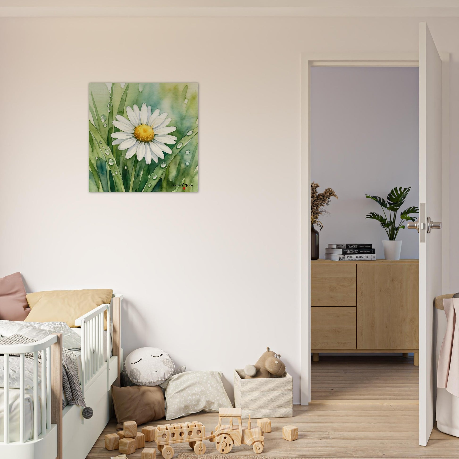 NATURMAEDEL CREATIV DESIGN - WANDBILD AUF  BIRKENHOLZ - AQUARELL „GAENSEBLUEMCHEN“ - HERZENSGESCHENKE -  Designed by Verena u. Janina Boehler, VerJa.ME - 1.4 - www.naturmaedel.shop - 