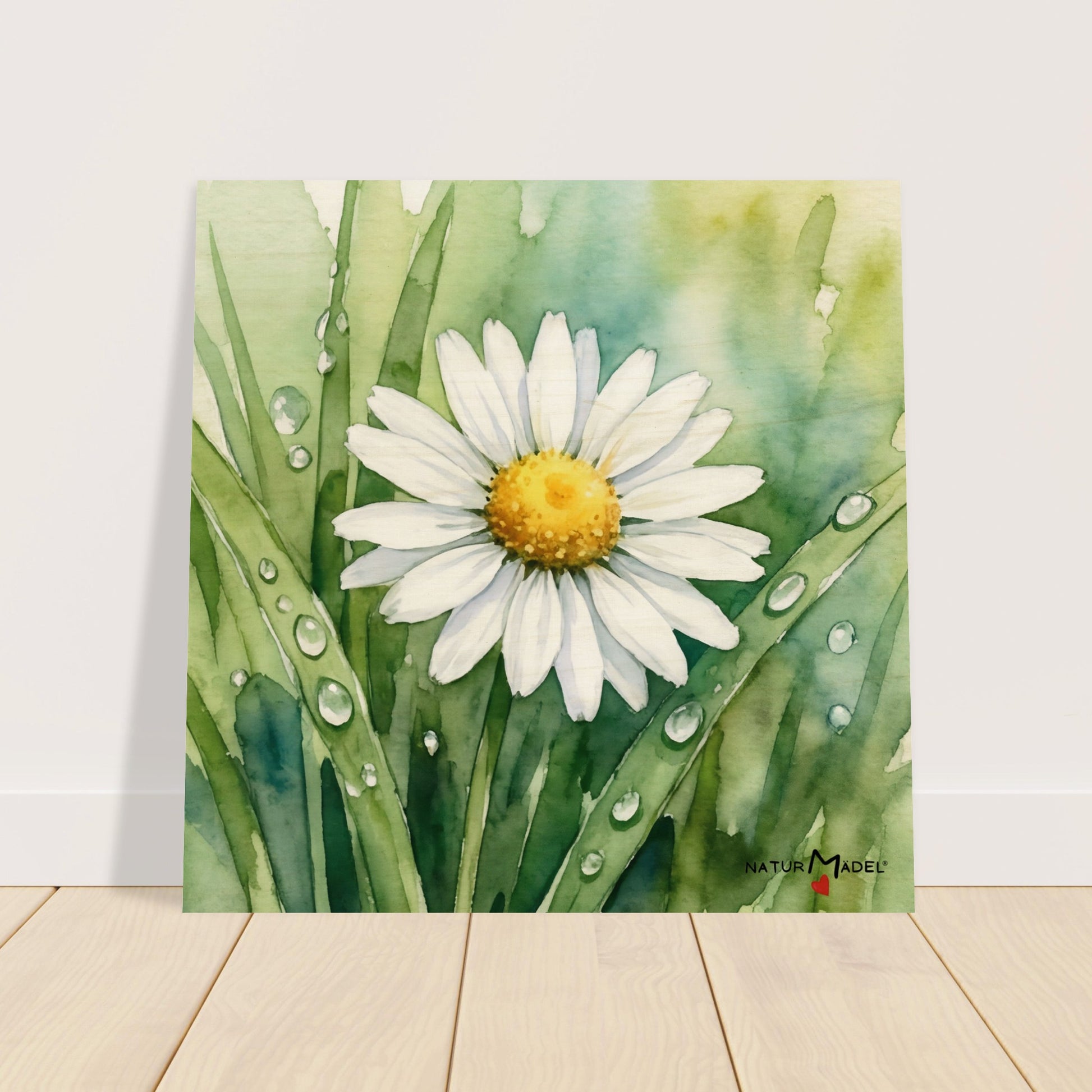 NATURMAEDEL CREATIV DESIGN - WANDBILD AUF  BIRKENHOLZ - AQUARELL „GAENSEBLUEMCHEN“ - HERZENSGESCHENKE -  Designed by Verena u. Janina Boehler, VerJa.ME - 1.5 - www.naturmaedel.shop - 