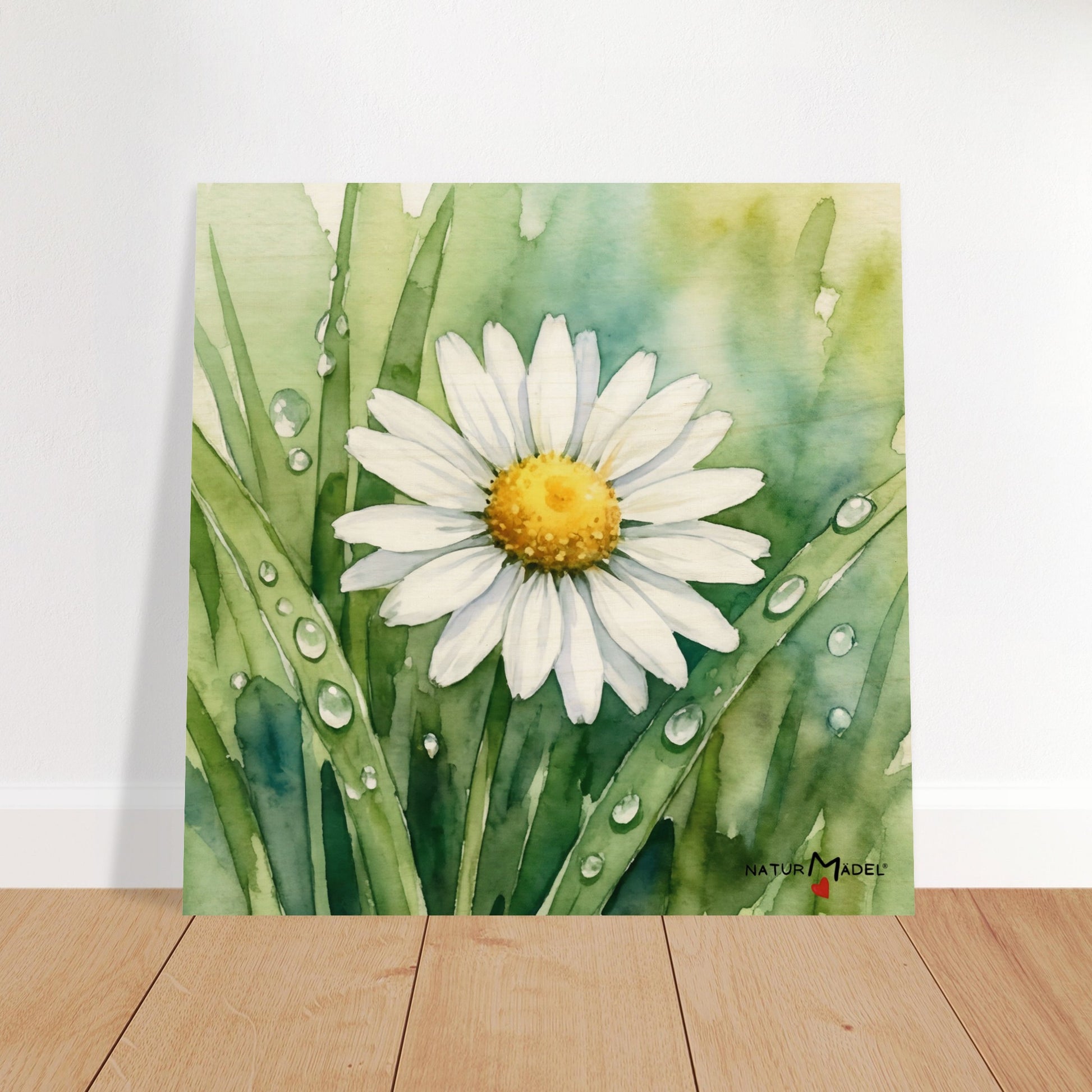NATURMAEDEL CREATIV DESIGN - WANDBILD AUF  BIRKENHOLZ - AQUARELL „GAENSEBLUEMCHEN“ - HOME & LIVING  - WOHNZIMMER - HERZENSGESCHENKE -  Designed by Verena u. Janina Boehler, VerJa.ME - 1.14 - www.naturmaedel.shop - 