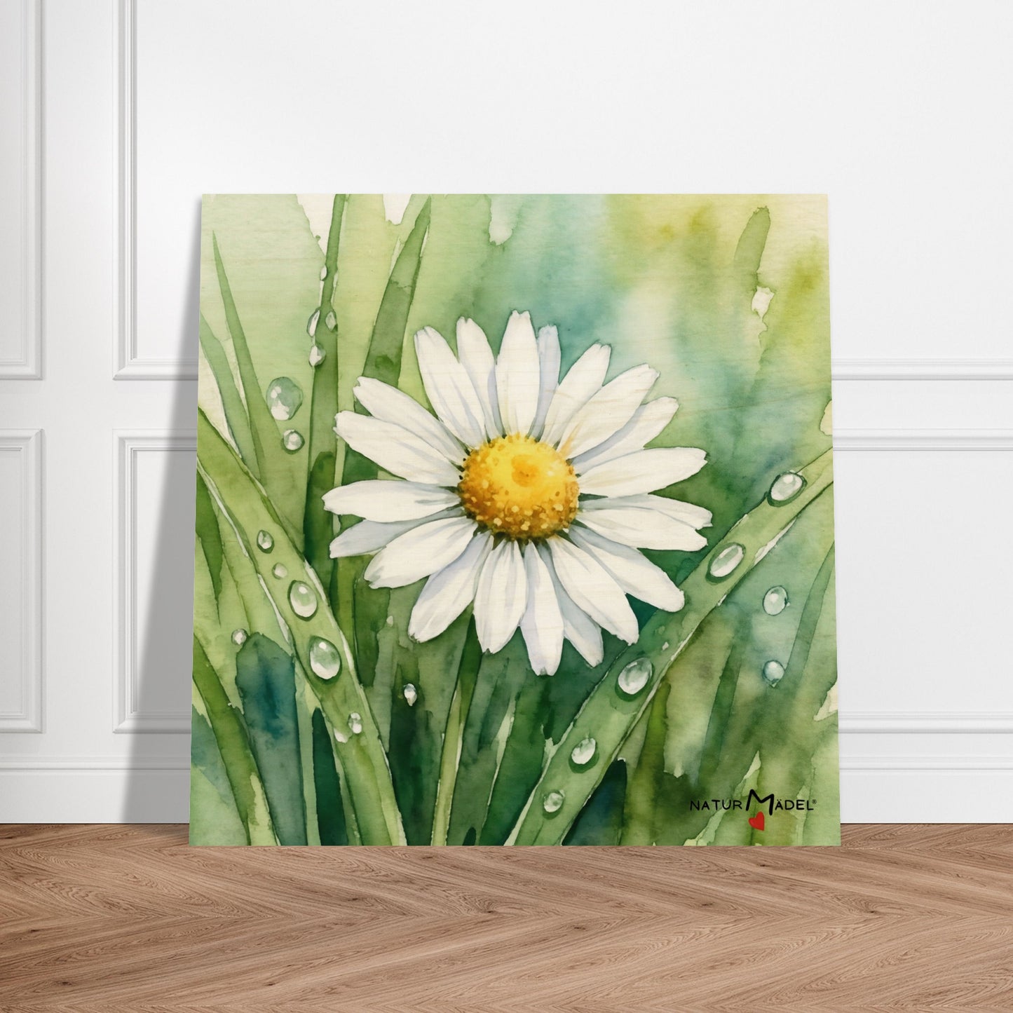 NATURMAEDEL CREATIV DESIGN - WANDBILD AUF  BIRKENHOLZ - AQUARELL „GAENSEBLUEMCHEN“ - HOME & LIVING  - KUECHE - HERZENSGESCHENKE -  Designed by Verena u. Janina Boehler, VerJa.ME - 1.21 - www.naturmaedel.shop - 