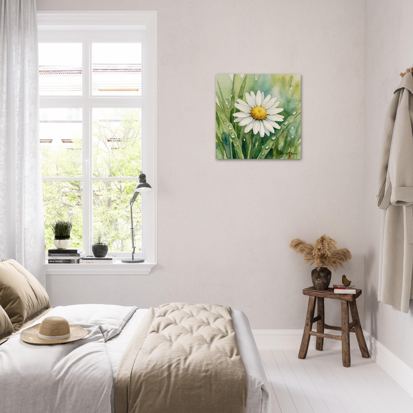 NATURMAEDEL CREATIV DESIGN - WANDBILD AUF  BIRKENHOLZ - AQUARELL „GAENSEBLUEMCHEN“ - HOME & LIVING - SCHLAFZIMMER - HERZENSGESCHENKE -  Designed by Verena u. Janina Boehler, VerJa.ME - 1.6 - www.naturmaedel.shop - 