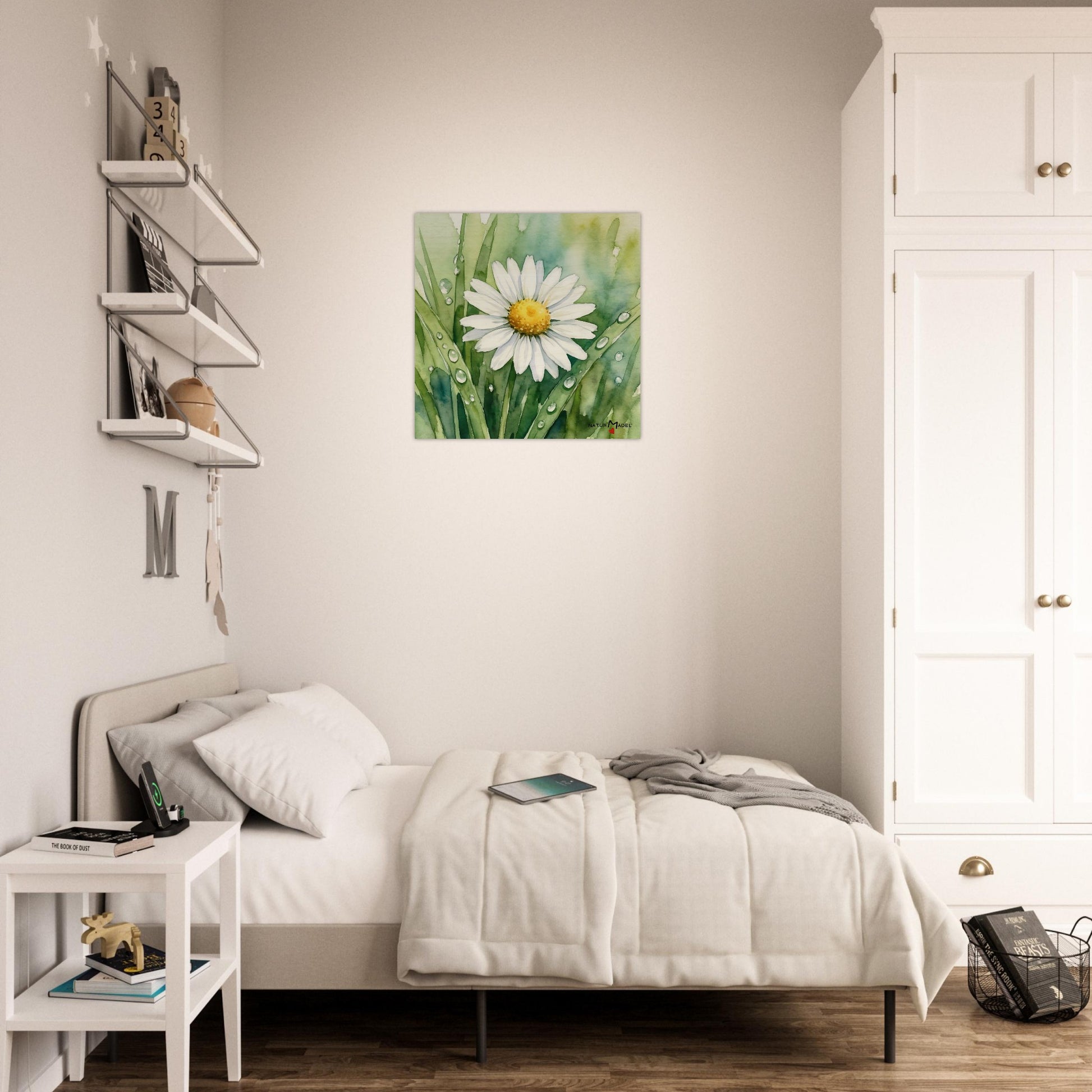 NATURMAEDEL CREATIV DESIGN - WANDBILD AUF  BIRKENHOLZ - AQUARELL „GAENSEBLUEMCHEN“ - HOME & LIVING - SCHLAFZIMMER - HERZENSGESCHENKE -  Designed by Verena u. Janina Boehler, VerJa.ME - 1.8 - www.naturmaedel.shop - 
