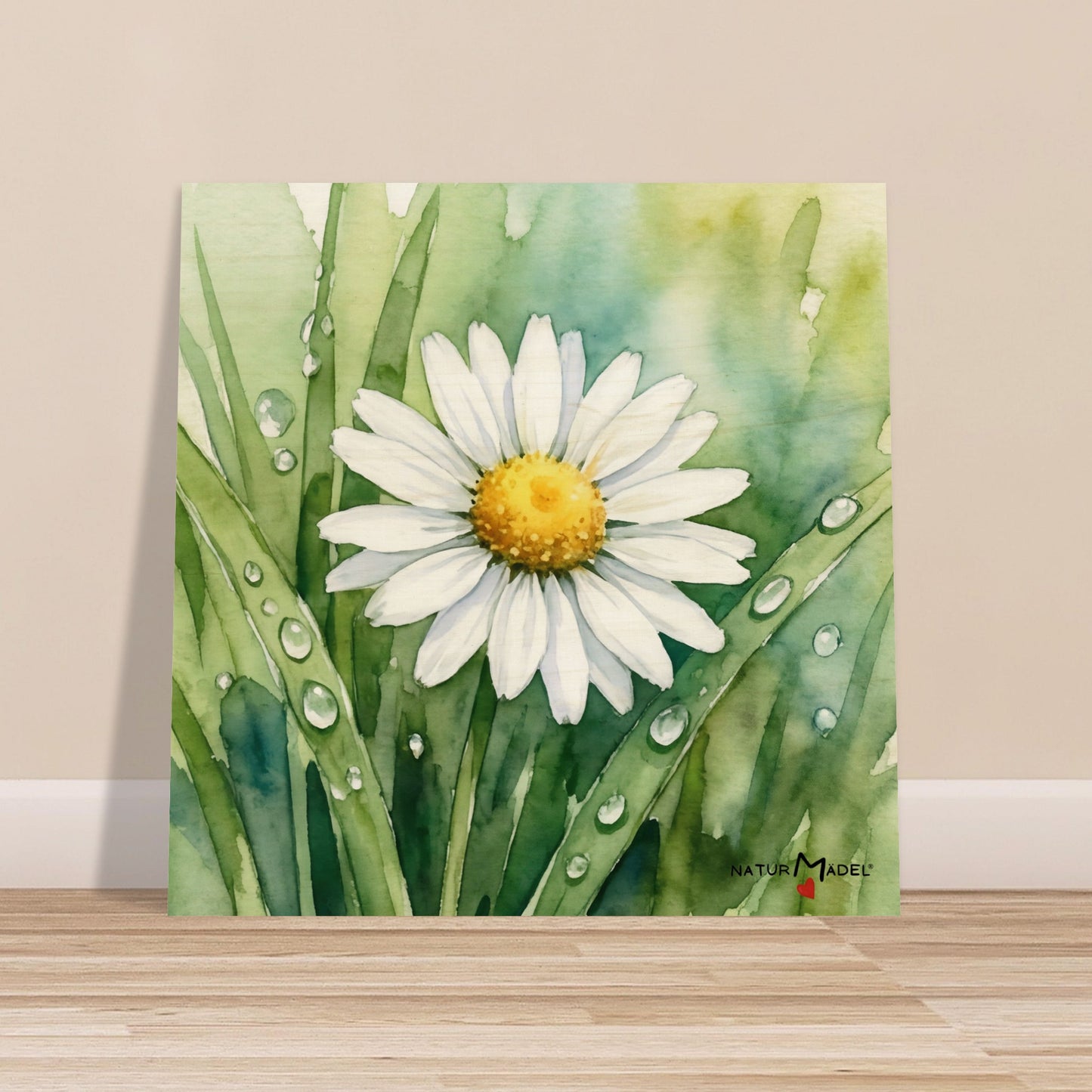 NATURMAEDEL CREATIV DESIGN - WANDBILD AUF  BIRKENHOLZ - AQUARELL „GAENSEBLUEMCHEN“ - HOME & LIVING  - HERZENSGESCHENKE -  Designed by Verena u. Janina Boehler, VerJa.ME - 1.9 - www.naturmaedel.shop - 