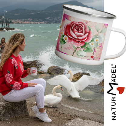 NATURMAEDEL® EMAILLE BECHER TASSE - WORK WITH LOVE COLLECTION - EXCLUSIV NATURMAEDEL AQUARELL DESIGN BY VERENA U. JANINA BÖHLER - TOCHTER GARDASEE SCHWÄNE - 1.3 - www.naturmaedel.shop - 