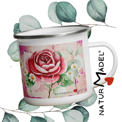 NATURMAEDEL® EMAILLE BECHER TASSE - WORK WITH LOVE COLLECTION - EXCLUSIV NATURMAEDEL AQUARELL DESIGN BY VERENA U. JANINA BÖHLER - BECHER EUKALYPTUSBLÄTTER - 1.4 - www.naturmaedel.shop - 