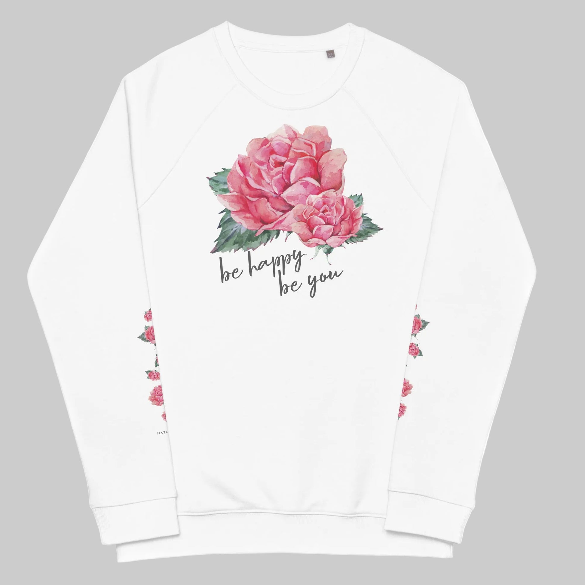 NATURMAEDEL® EXCLUSIV LOGO - AQUARELL ROSE IN LOVE DESIGN. BIO BAUMWOLLE - STYLISCHER UNISEX DAMEN RAGLAN PULLOVER, SWEATSHIRT - MOCKUP FRONT -   DESIGN VERENA U. JANINA by VerJa.ME® - 1.4 - www.naturmaedel.com - 