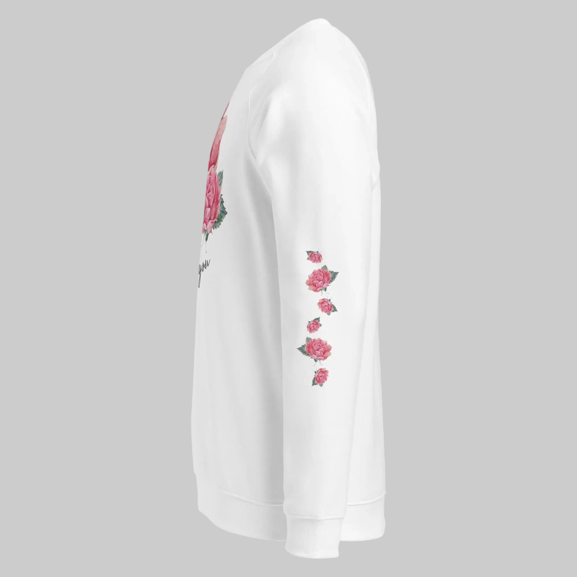 NATURMAEDEL® EXCLUSIV LOGO - AQUARELL ROSE IN LOVE DESIGN. BIO BAUMWOLLE - STYLISCHER UNISEX DAMEN RAGLAN PULLOVER, SWEATSHIRT - MOCKUP LINKE ÄRMELSEITE -   DESIGN VERENA U. JANINA by VerJa.ME® - 1.6 - www.naturmaedel.com - 