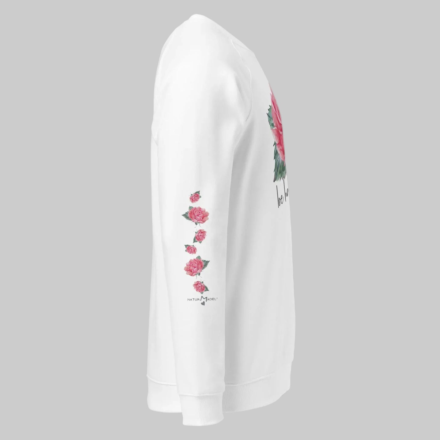 NATURMAEDEL® EXCLUSIV LOGO - AQUARELL ROSE IN LOVE DESIGN. BIO BAUMWOLLE - STYLISCHER UNISEX DAMEN RAGLAN PULLOVER, SWEATSHIRT - MOCKUP RECHTE AERMELSEITE  -   DESIGN VERENA U. JANINA by VerJa.ME® - 1.5 - www.naturmaedel.com - 
