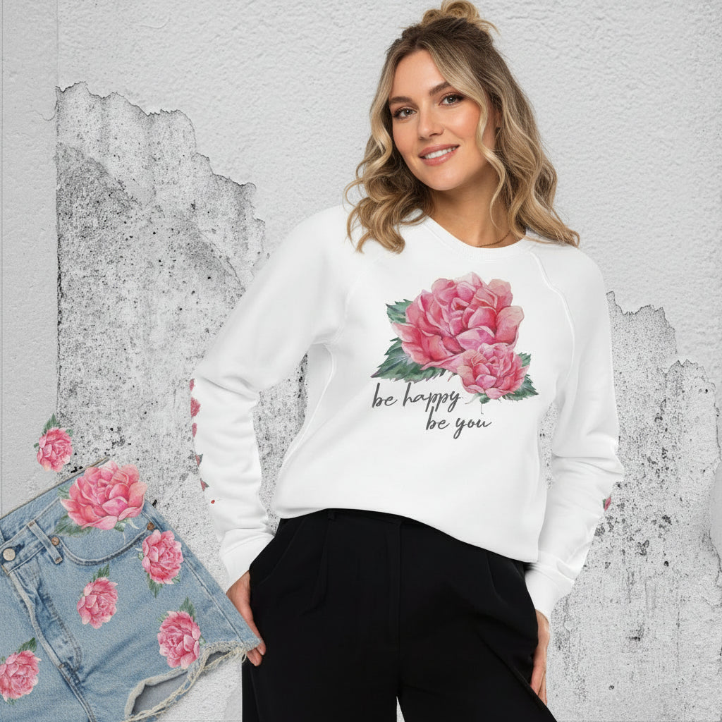 NATURMAEDEL® EXCLUSIV AQUARELL ROSE IN LOVE DESIGN. BIO BAUMWOLLE - STYLISCHER UNISEX DAMEN RAGLAN PULLOVER, SWEATSHIRT -   DESIGN VERENA U. JANINA by VerJa.ME® - www.naturmaedel.com - 