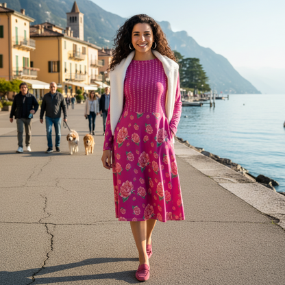 NATURMAEDEL® EXCLUSIV DESIGN AQUARELL ROSE IN LOVE. ROMANTISCHES, EINZIGARTIGES JERSEY MIDIKLEID. EIN TRAUMHAFTER REISEBEGLEITER. DESIGNED by VERENA U. JANINA VerJa.ME® - MIRA - ITALIEN -www.naturmaedel.shop - 