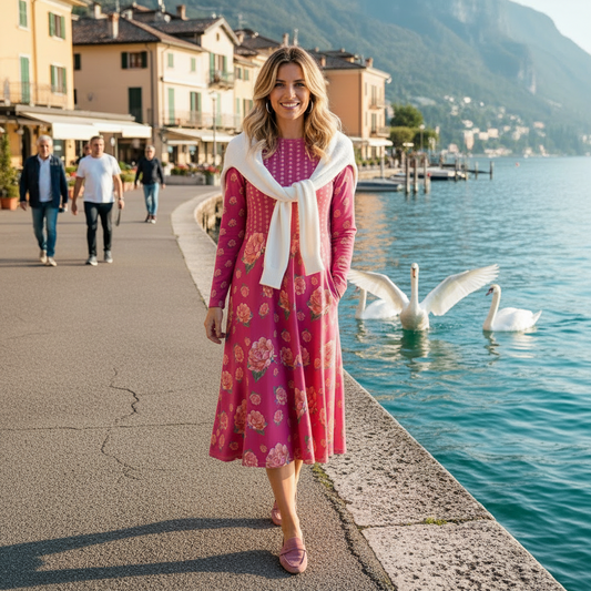 NATURMAEDEL® EXCLUSIV DESIGN AQUARELL ROSE IN LOVE. ROMANTISCHES, EINZIGARTIGES JERSEY MIDIKLEID. EIN TRAUMHAFTER REISEBEGLEITER. DESIGNED by VERENA U. JANINA VerJa.ME® - www.naturmaedel.shop - 