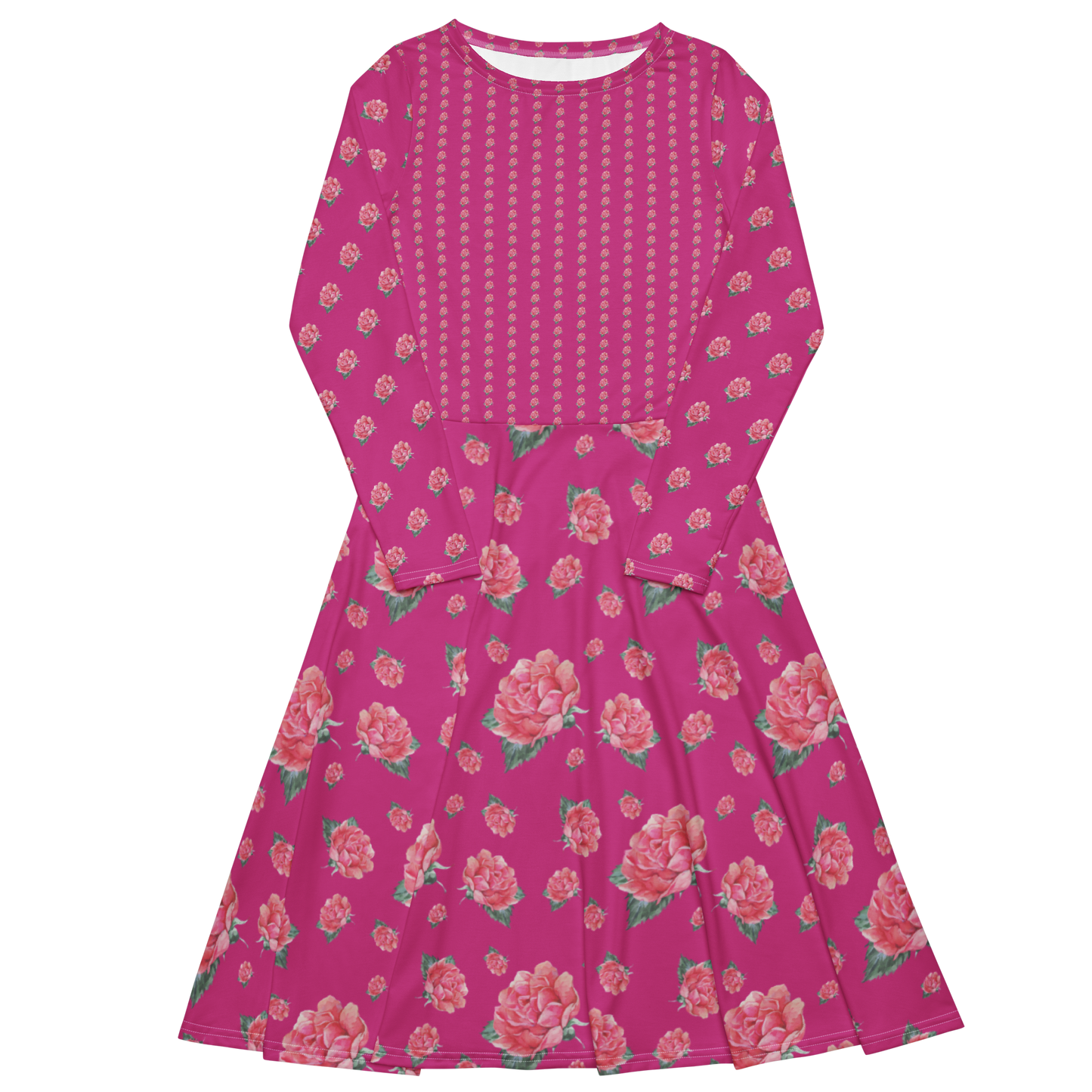 NATURMAEDEL® EXCLUSIV DESIGN AQUARELL ROSE IN LOVE. ROMANTISCHES, EINZIGARTIGES JERSEY MIDIKLEID - VORDERTEIL - EIN TRAUMHAFTER REISEBEGLEITER. DESIGNED by VERENA U. JANINA VerJa.ME®   -www.naturmaedel.shop - 