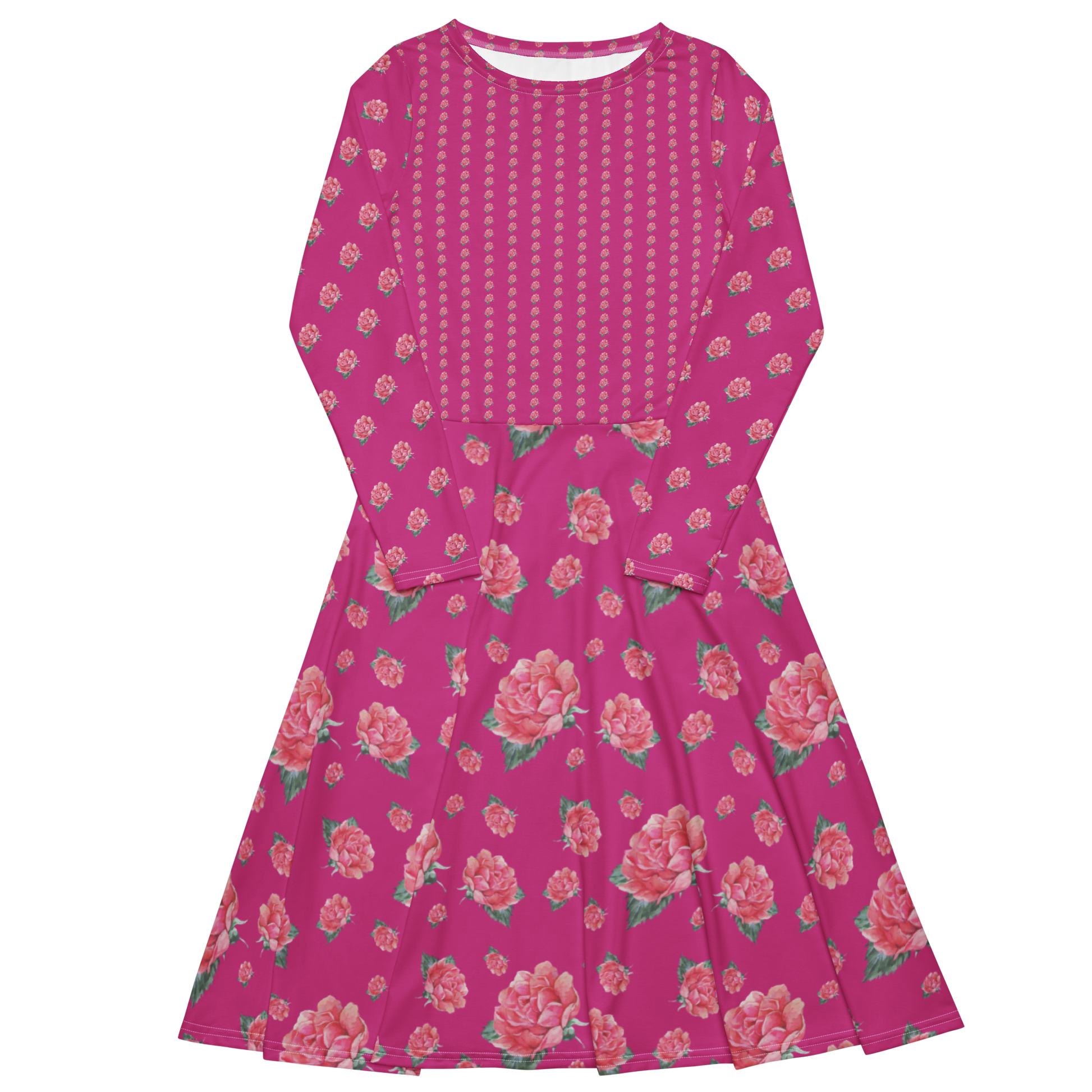 NATURMAEDEL® EXCLUSIV DESIGN AQUARELL ROSE IN LOVE. ROMANTISCHES, EINZIGARTIGES JERSEY MIDIKLEID - VORDERTEIL - EIN TRAUMHAFTER REISEBEGLEITER. DESIGNED by VERENA U. JANINA VerJa.ME®   -www.naturmaedel.shop - 