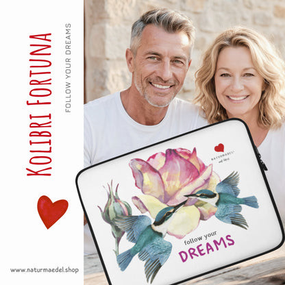 NATURMAEDEL® FOLLOW YOUR DREAMS - LAPTOP SLEEVE, HÜLLE - EXCLUSIVEN NATURMÄDEL® DESIGN KOLIBRI FORTUNA - 100% NEOPREN- gefüttert, wasserabweisend, leicht -  VARIANTEN 13“ U. 15“ ZOLL - DESIGN Verena u. Janina Boehler by VerJa.ME® -VERENA SANDRO -  1.1 - www.naturmaedel.shop - 